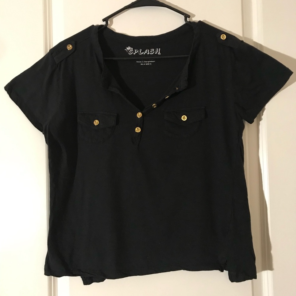 Splash Black Short Sleeve V-Neck Shirt with Gold Buttons Size Large